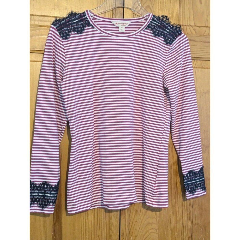 Brooks Brothers Womens XS Striped T Shirt Lace Trim